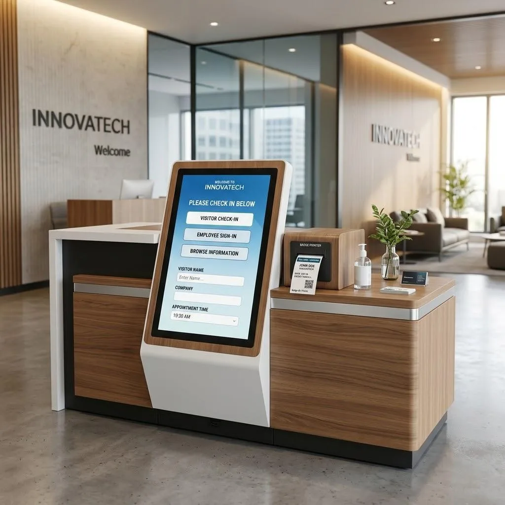 14 Reception Desk Design Ideas That'll Make a Killer First Impression 11 10. Digital Interactive Kiosk Desk