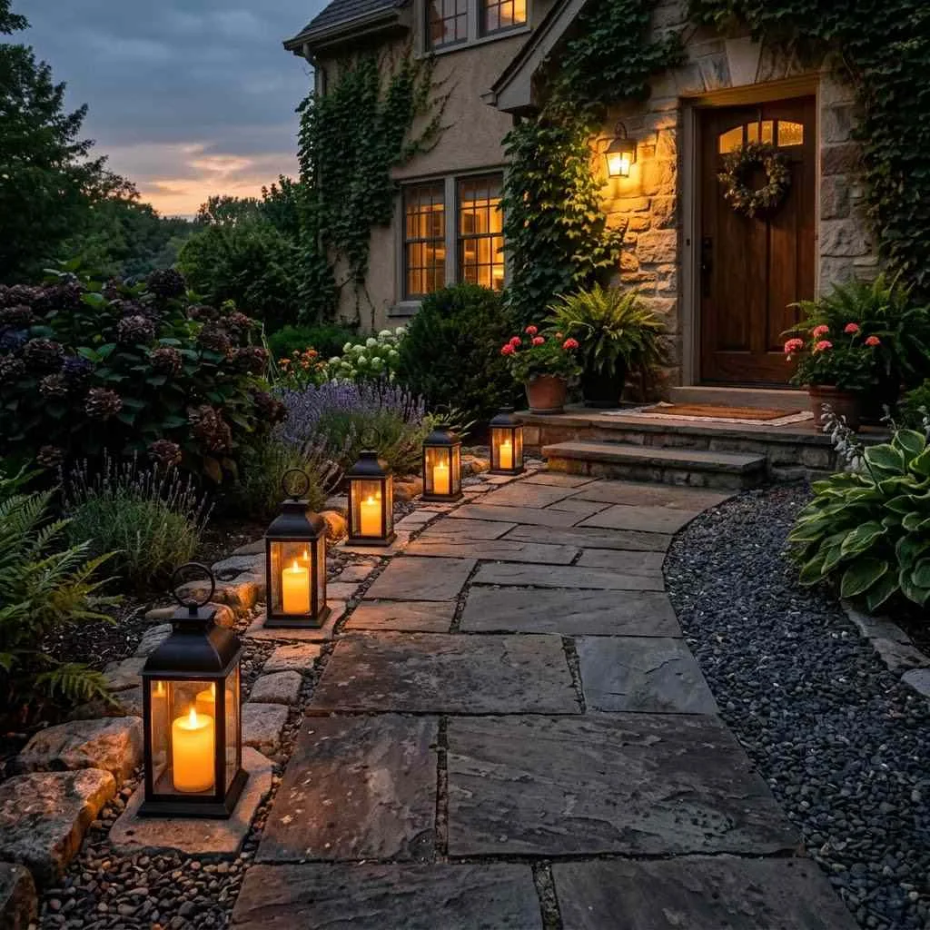 15 Autumn Entryway Decor Ideas to Make Your Front Door Everyone's Favorite Spot This Fall 4 Flickering Lanterns Lining the Walkway