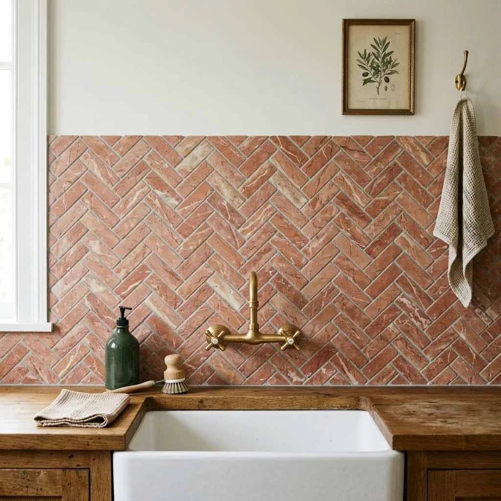 5. Herringbone Red Marble Backsplash