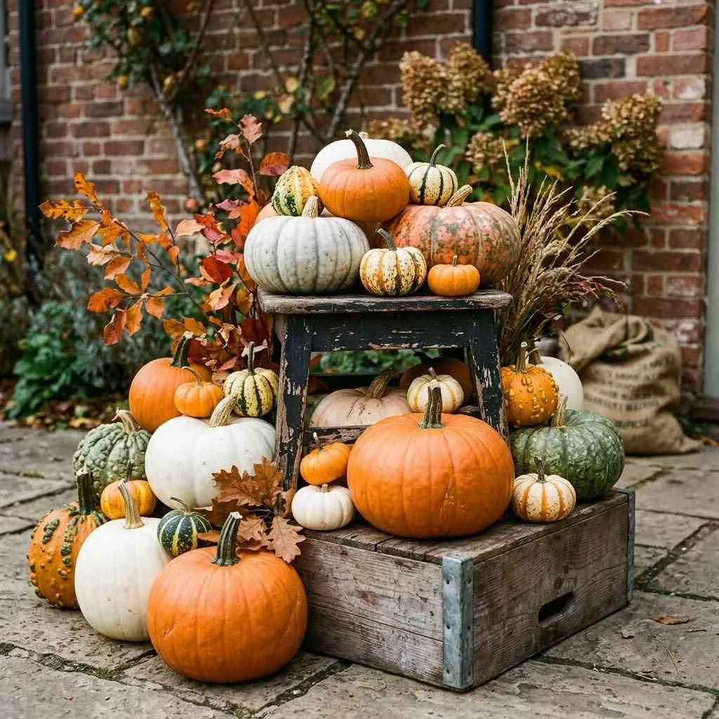 15 Autumn Entryway Decor Ideas to Make Your Front Door Everyone's Favorite Spot This Fall 2 Layered Pumpkin Clusters in Varying Heights