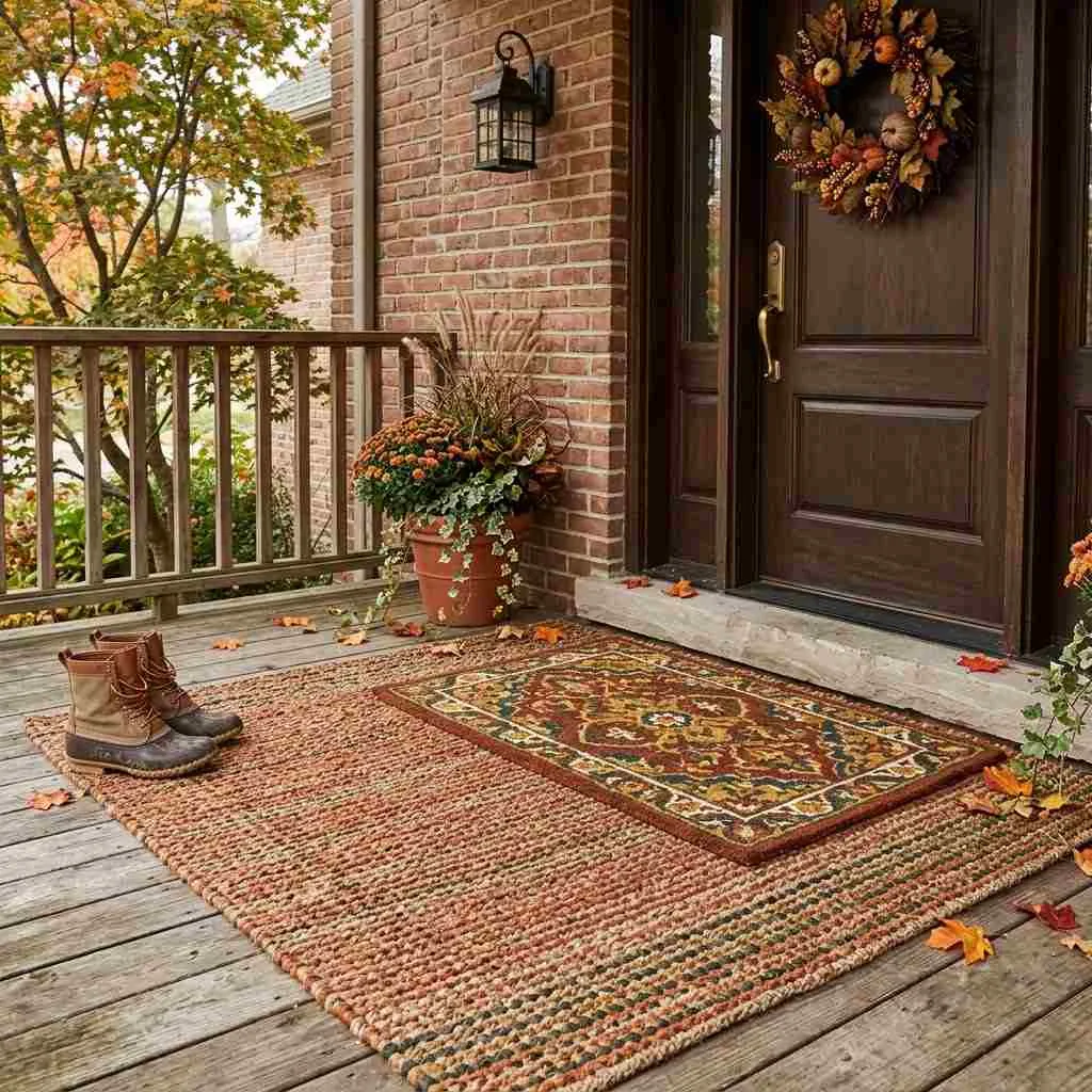 15 Autumn Entryway Decor Ideas to Make Your Front Door Everyone's Favorite Spot This Fall 6 Layered Rugs for Texture Underfoot