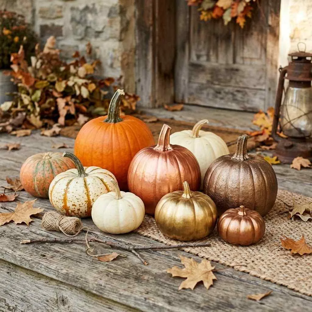 15 Autumn Entryway Decor Ideas to Make Your Front Door Everyone's Favorite Spot This Fall 9 Mismatched Pumpkins in Metallic Finishes