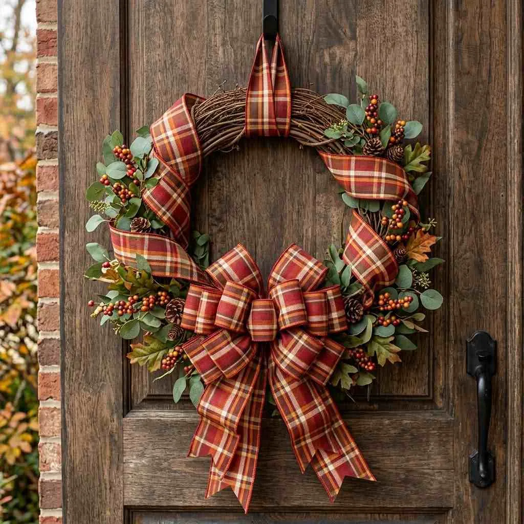 15 Fall Wreath Ideas to Welcome the Season in Style 6 Plaid Ribbon Statement Wreath