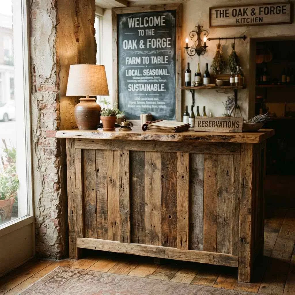 14 Reception Desk Design Ideas That'll Make a Killer First Impression 8 7. Reclaimed Wood Rustic Charm