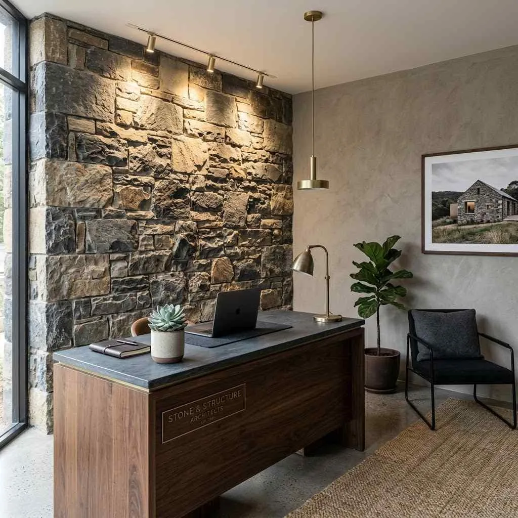 14 Reception Desk Design Ideas That'll Make a Killer First Impression 13 12. Textured Stone Feature Wall