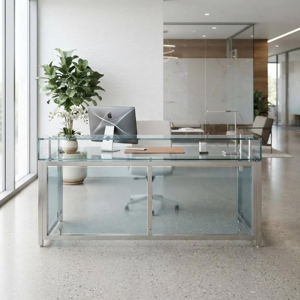 14 Reception Desk Design Ideas That'll Make a Killer First Impression 14 13. Transparent Glass Panel Desk