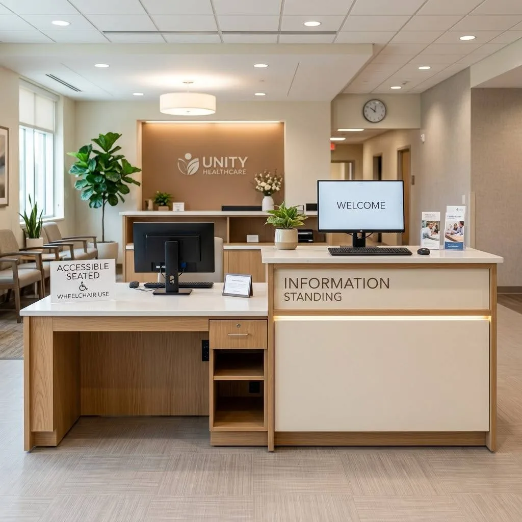 14 Reception Desk Design Ideas That'll Make a Killer First Impression 9 8. Two-Tier Accessible Design