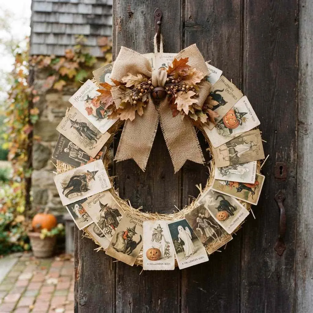 15 Halloween Decor Ideas for 2026 3 Vintage Halloween Postcard Wreath