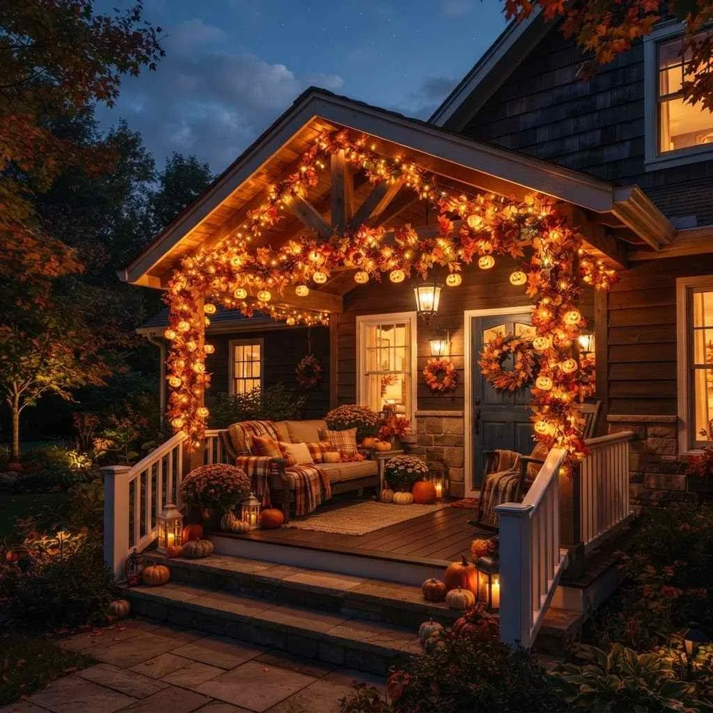 15 Fall Porch Decorating Ideas to Cozy Up Your Home This Season 6 Warm String Light Canopy