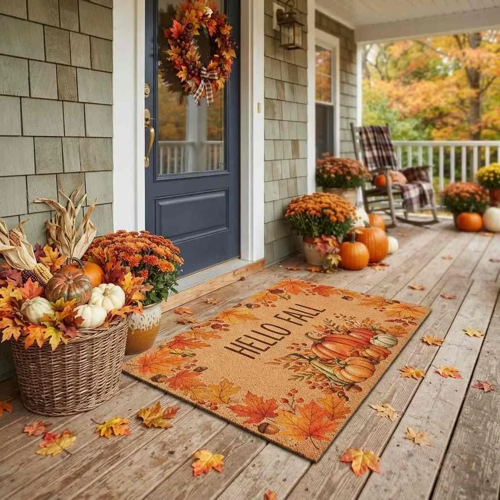 15 Fall Porch Decorating Ideas to Cozy Up Your Home This Season 10 Harvest-Themed Doormat