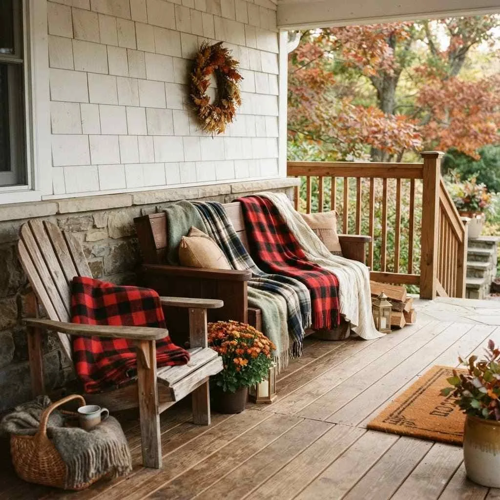 15 Fall Porch Decorating Ideas to Cozy Up Your Home This Season 12 Plaid Blanket Throws