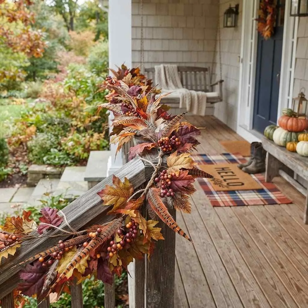 15 Fall Porch Decorating Ideas to Cozy Up Your Home This Season 14 Feather and Leaf Garland