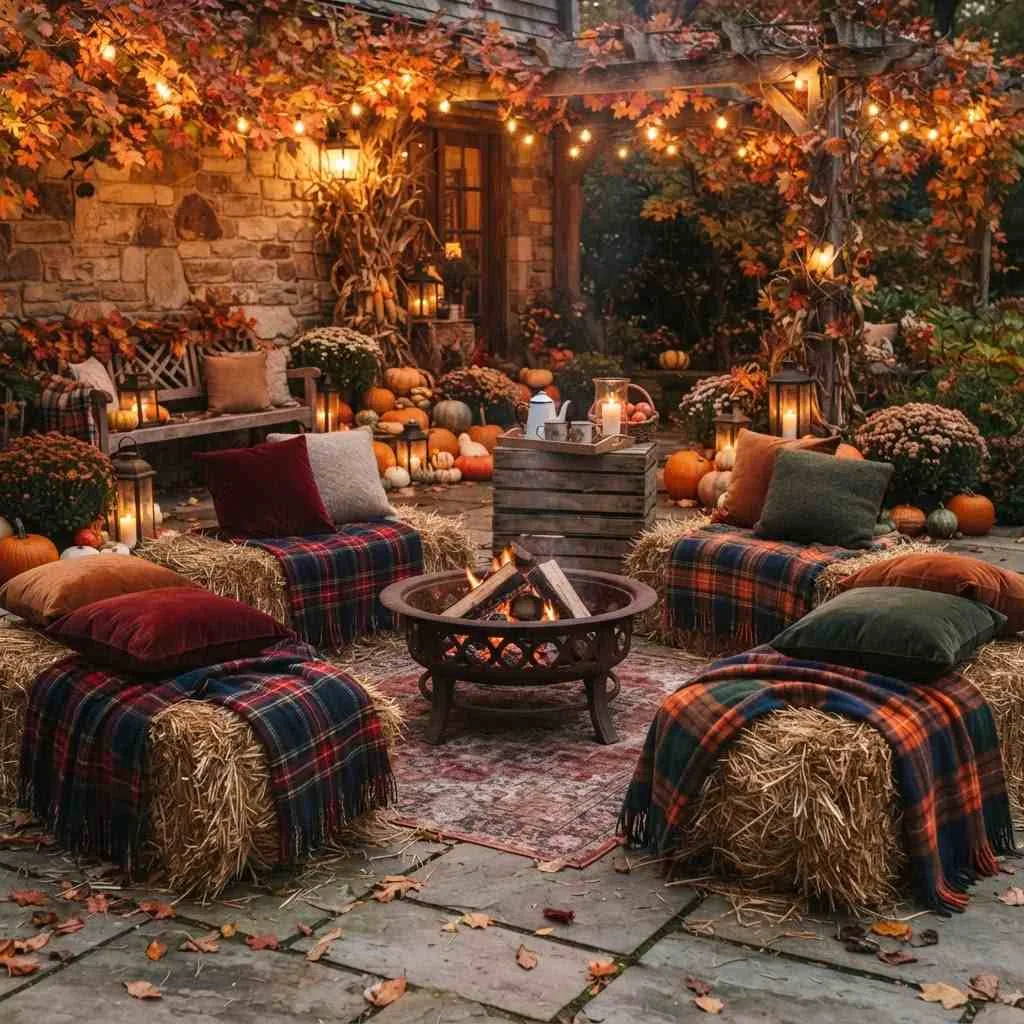 15 Fall Outdoor Decor Ideas to Transform Your Porch and Yard 5 A Hay Bale Seating Nook