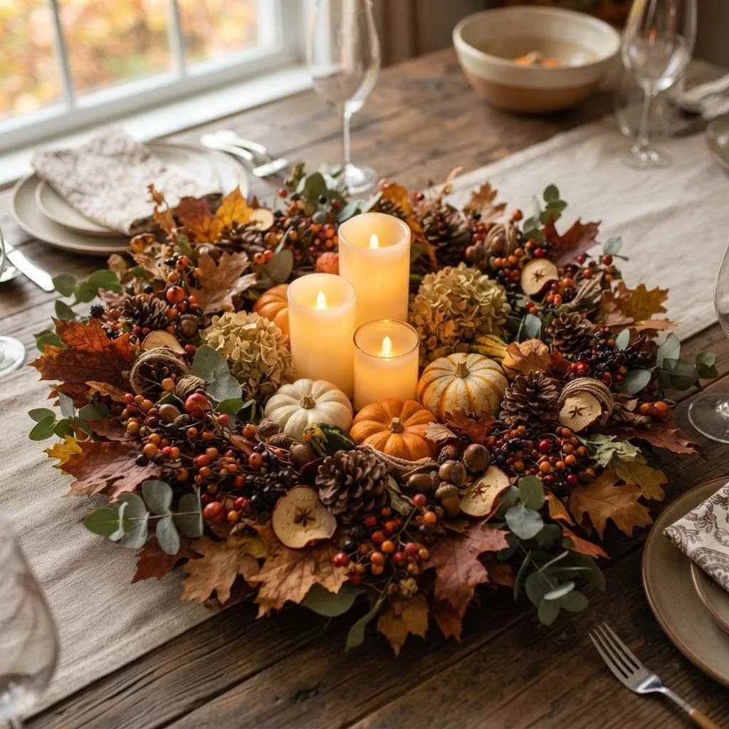 14 Fall Dining Room Decor Ideas to Cozy Up Your Space 13 12. A Statement Autumn Wreath as Centerpiece Backdrop