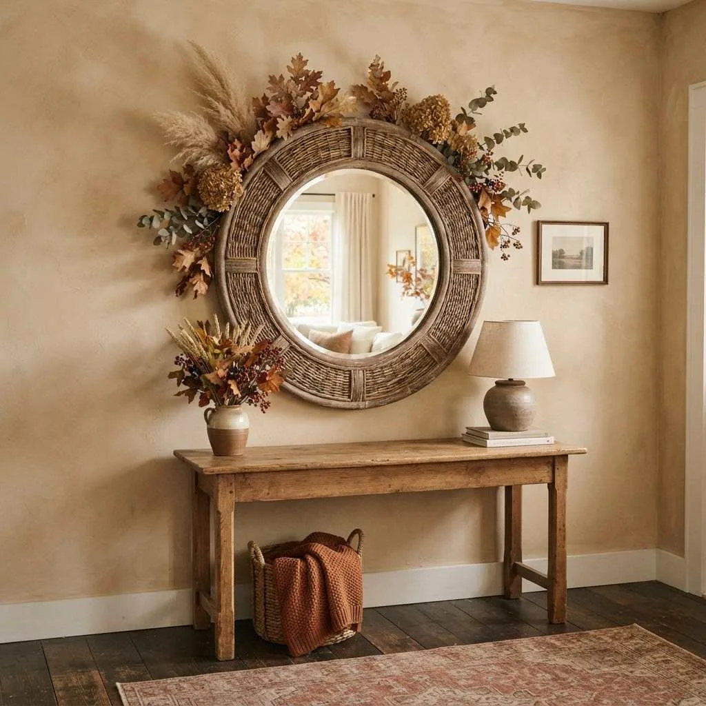 15 Fall Entryway Ideas to Warm Up Your Welcome 15 14. A Statement Mirror with Autumn Framing