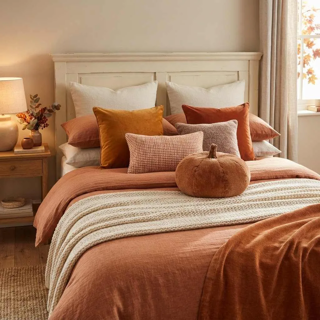 15 Fall Bedroom Decor Ideas That'll Make You Never Want to Leave Your Bed 4 3. Add Pumpkin-Toned Throw Pillows
