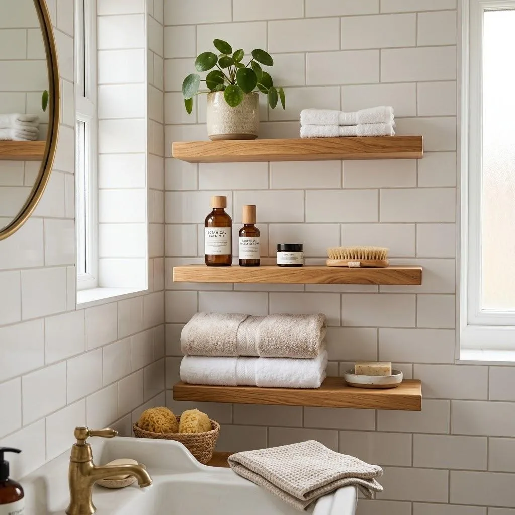 15 Bathroom Decor Ideas That'll Make You Fall in Love With Your Space 3 Add Warmth With Open Wooden Shelving compressed