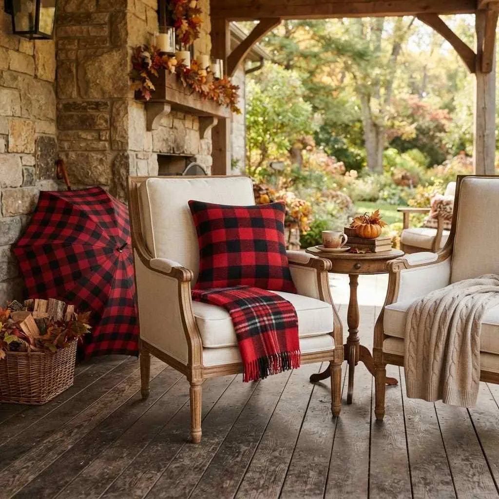15 Fall Patio Decor Ideas That'll Make You Want to Stay Outside All Season 14 Add a Plaid or Buffalo Check Accent