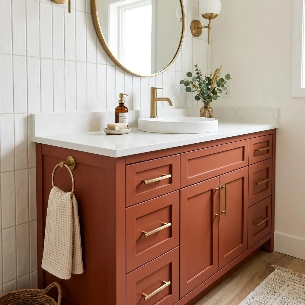 15 Bathroom Decor Ideas That'll Make You Fall in Love With Your Space 11 Add a Pop of Color With Painted Cabinetry compressed