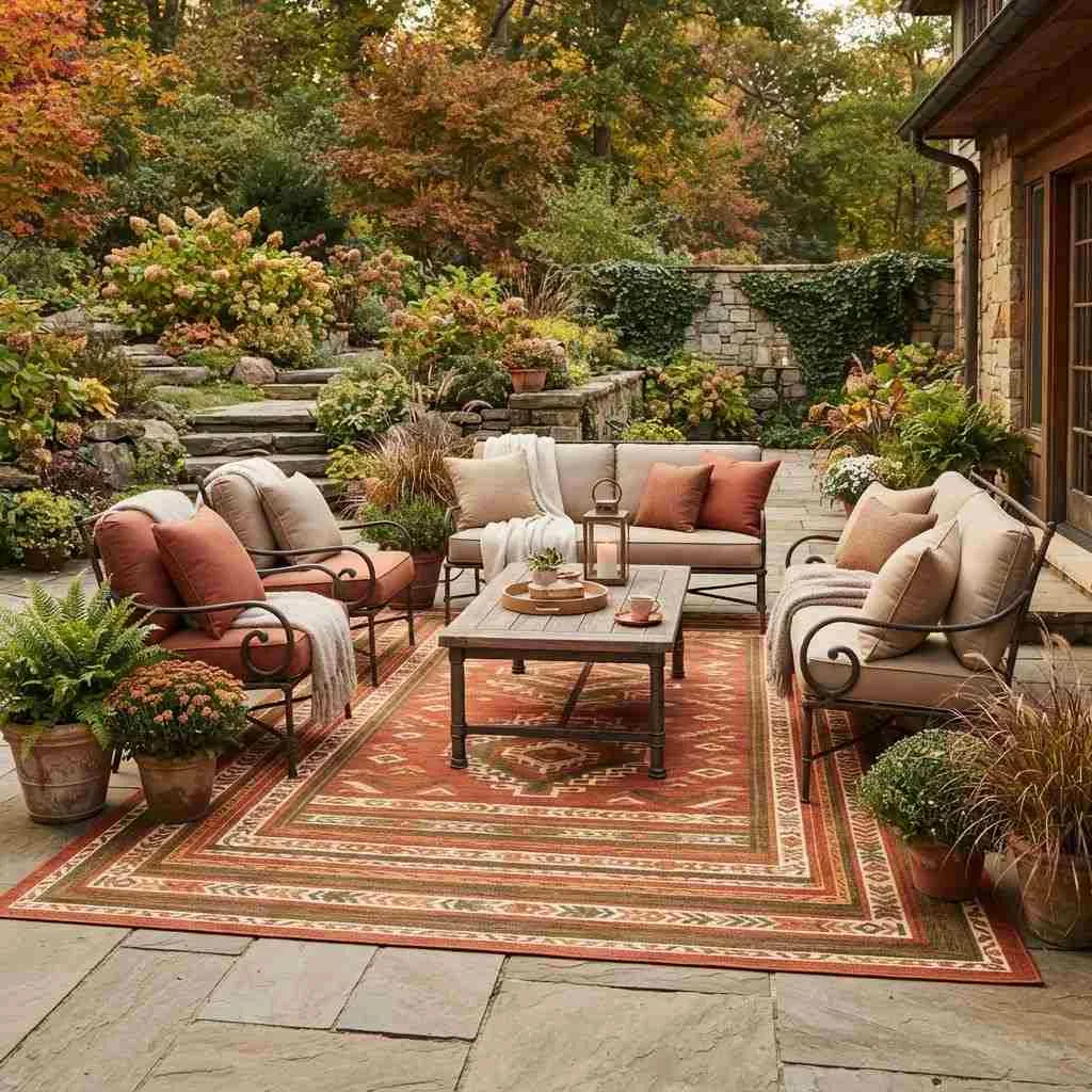 15 Fall Patio Decor Ideas That'll Make You Want to Stay Outside All Season 8 Add a Statement Outdoor Rug