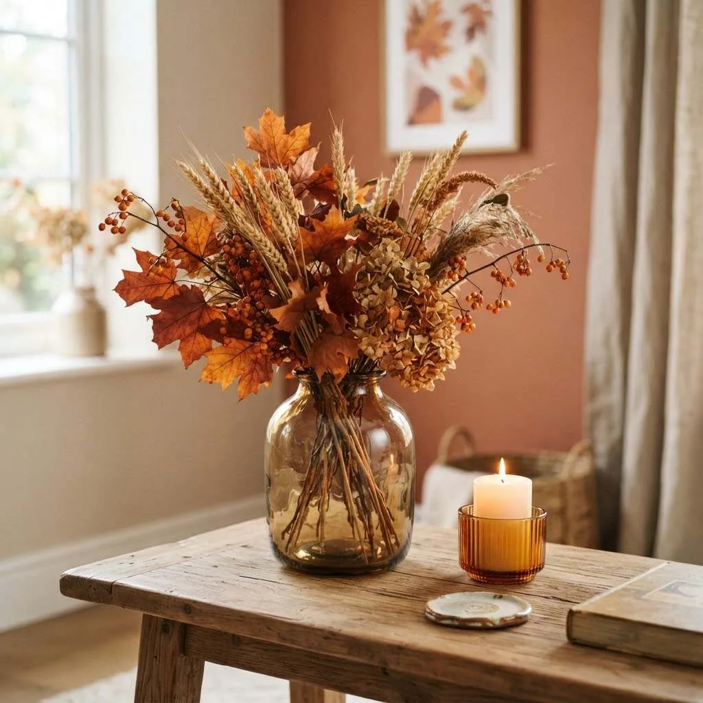 15 Fall Coffee Table Decor Ideas 13 Amber Glass Vase Display compressed