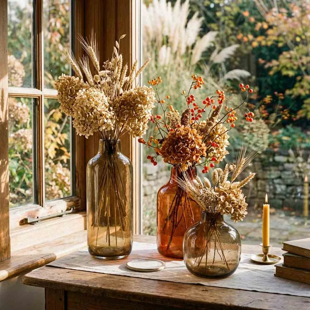 15 Fall Console Table Decor Ideas That'll Make Your Entryway Feel Like a Cozy Autumn Hug 7 6. Amber and Rust Glass Vase Display