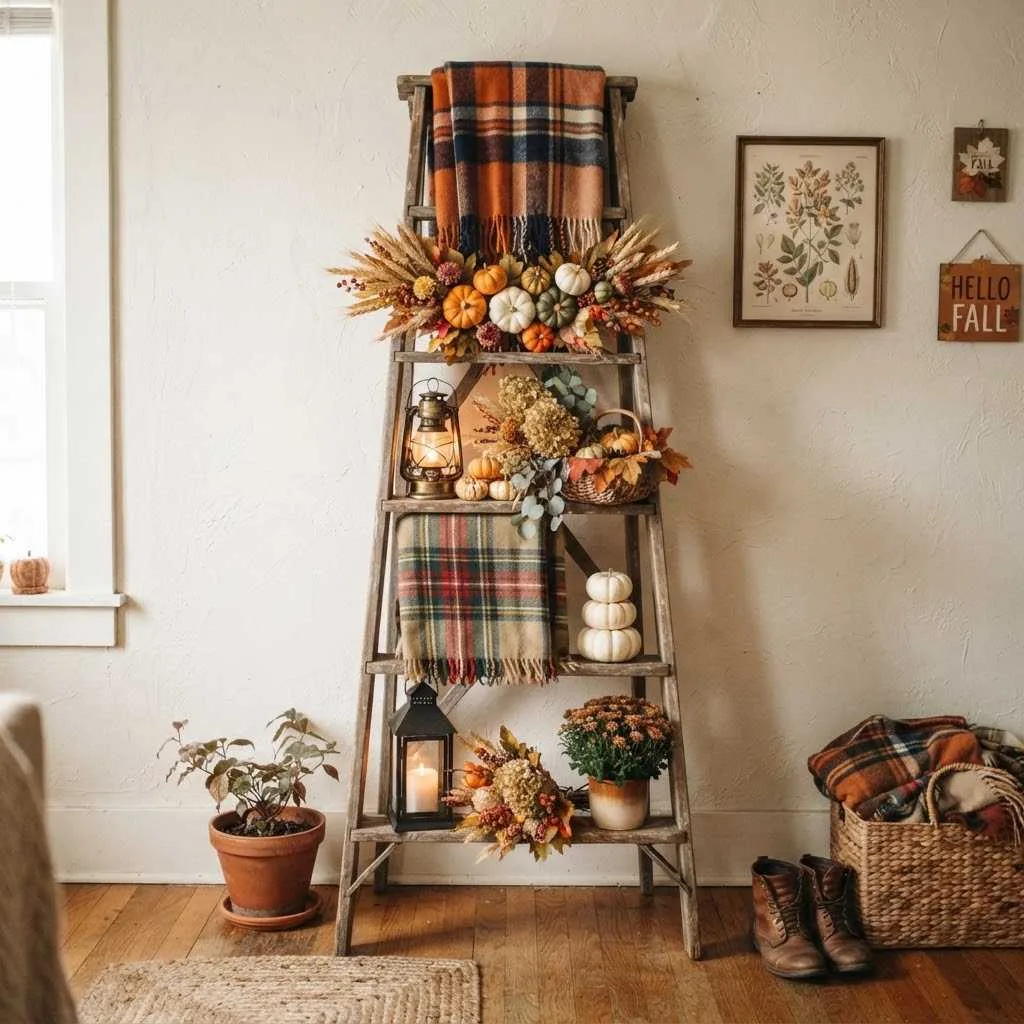 14 Rustic Fall Decor Ideas to Cozy Up Your Home This Season 6 Antique Ladder Shelf Display