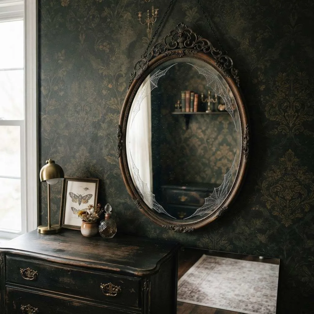 15 Halloween Nursery Decor Ideas: Castlecore & Circus Vibes Your Baby Will Love 8 7. Antique Mirror with Cobweb Etching