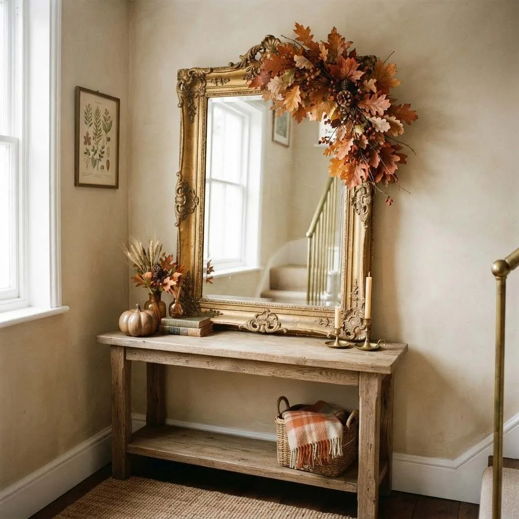 15 Fall Console Table Decor Ideas That'll Make Your Entryway Feel Like a Cozy Autumn Hug 10 9. Antique Mirror with Fall Foliage Frame
