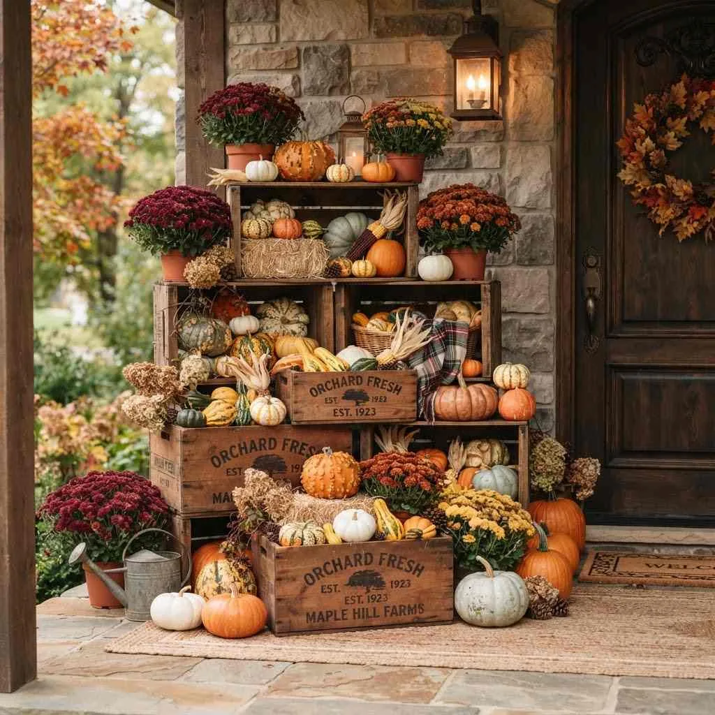 15 Fall Outdoor Decor Ideas to Transform Your Porch and Yard 10 Apple Crate Display Stand