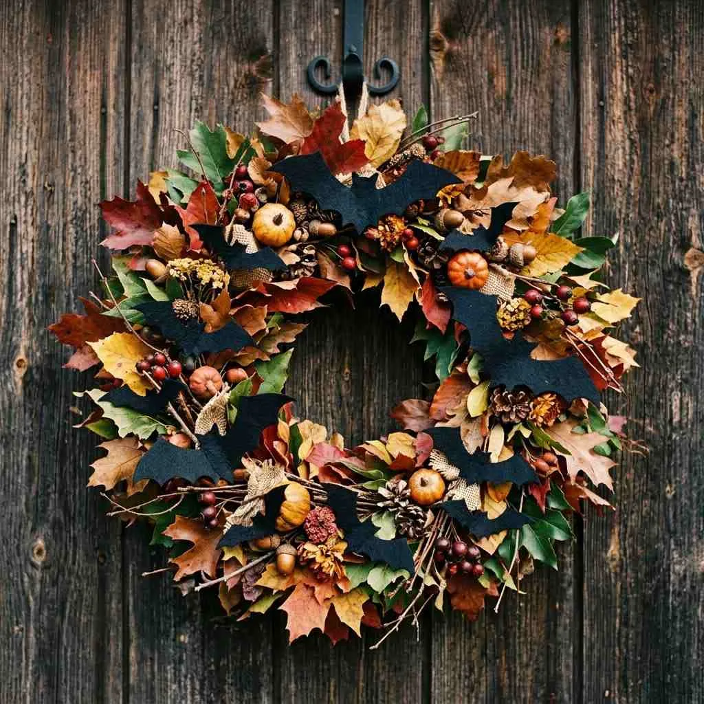 14 Halloween Wreath Ideas to Transform Your Front Door 11 10. Autumn Leaves and Bat Wreath