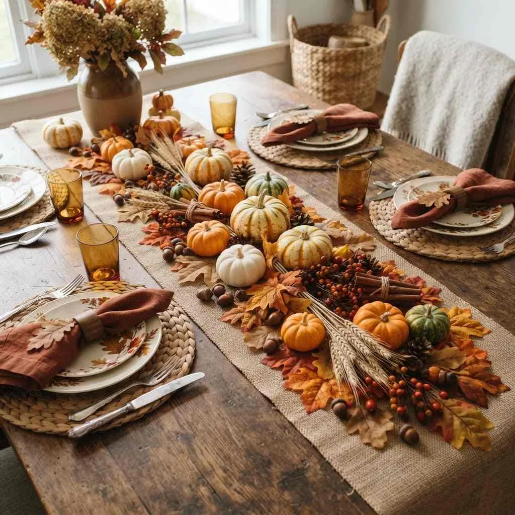 6. Autumn Leaves and Mini Pumpkin Table Runner