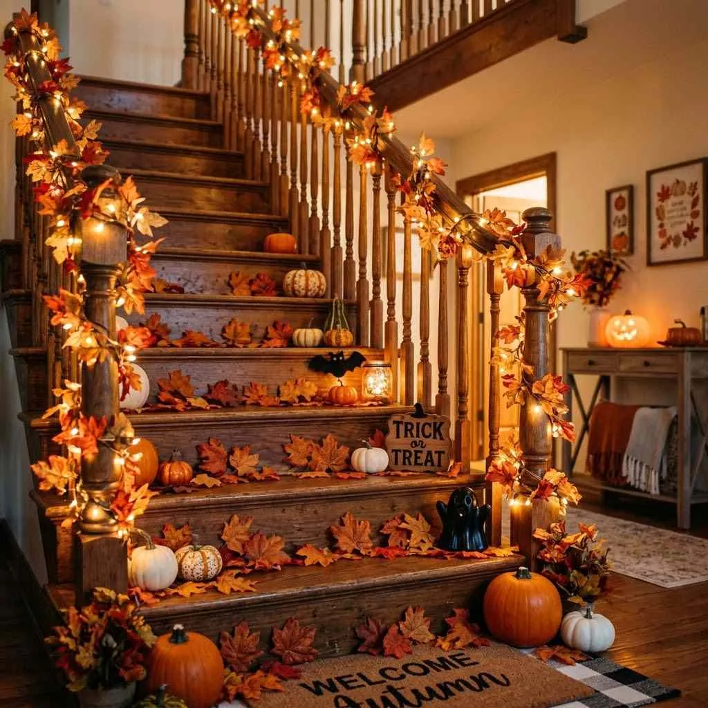 15 Halloween Staircase Decor Ideas That Will Steal the Show 7 6. Autumn Leaves and Twinkle Lights
