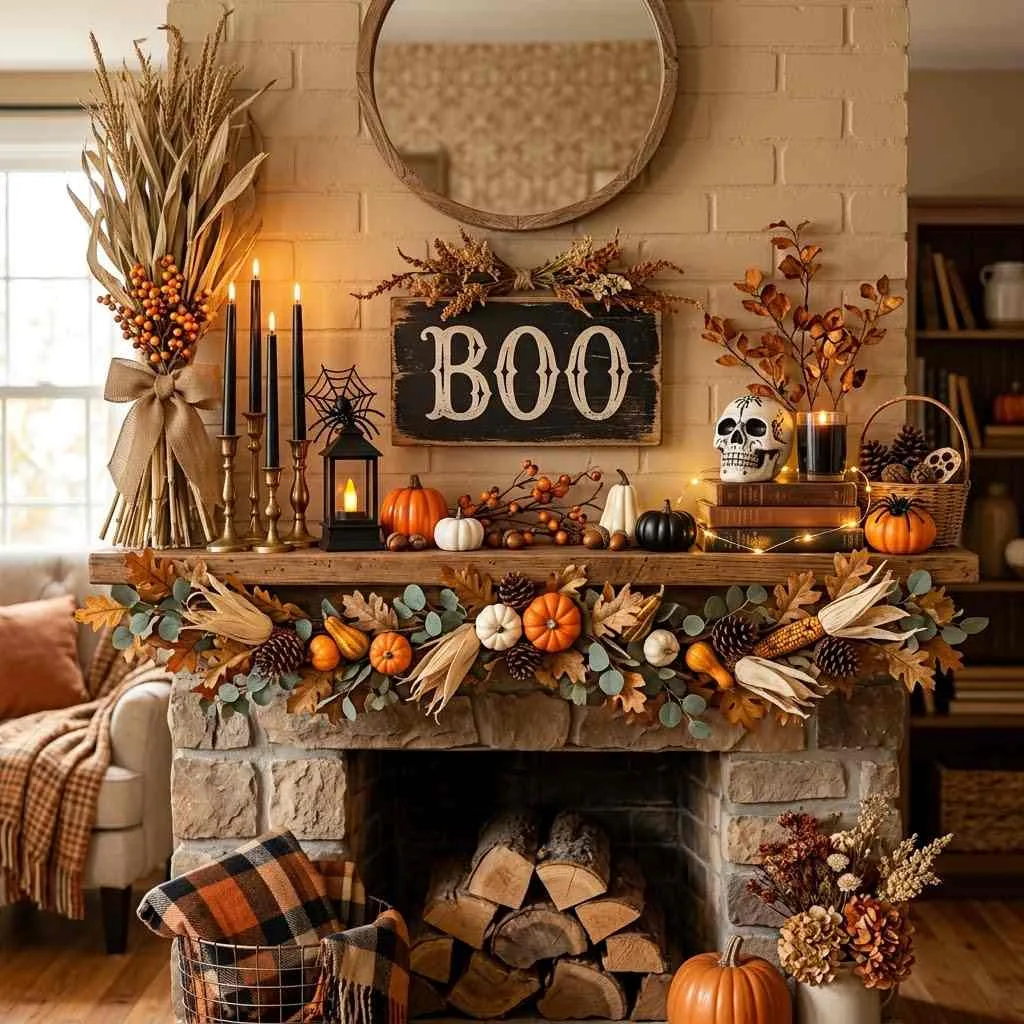 15 Halloween Living Room Decor Ideas 10 9. Autumn and Halloween Fusion Mantel