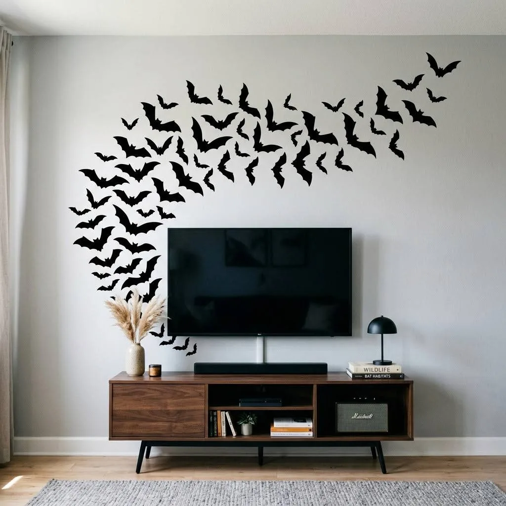 15 Halloween Living Room Decor Ideas 11 10. Bat Wall Decal Cluster