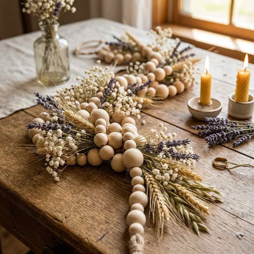 15 Wood Bead Garland Fall Ideas You'll Love 14 Beads with Dried Floral Accents