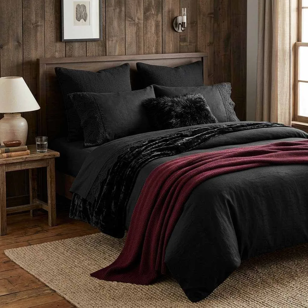 15 Spooky Bedroom Decor Ideas to Transform Your Space 12 11. Black Bedding with Textured Layers