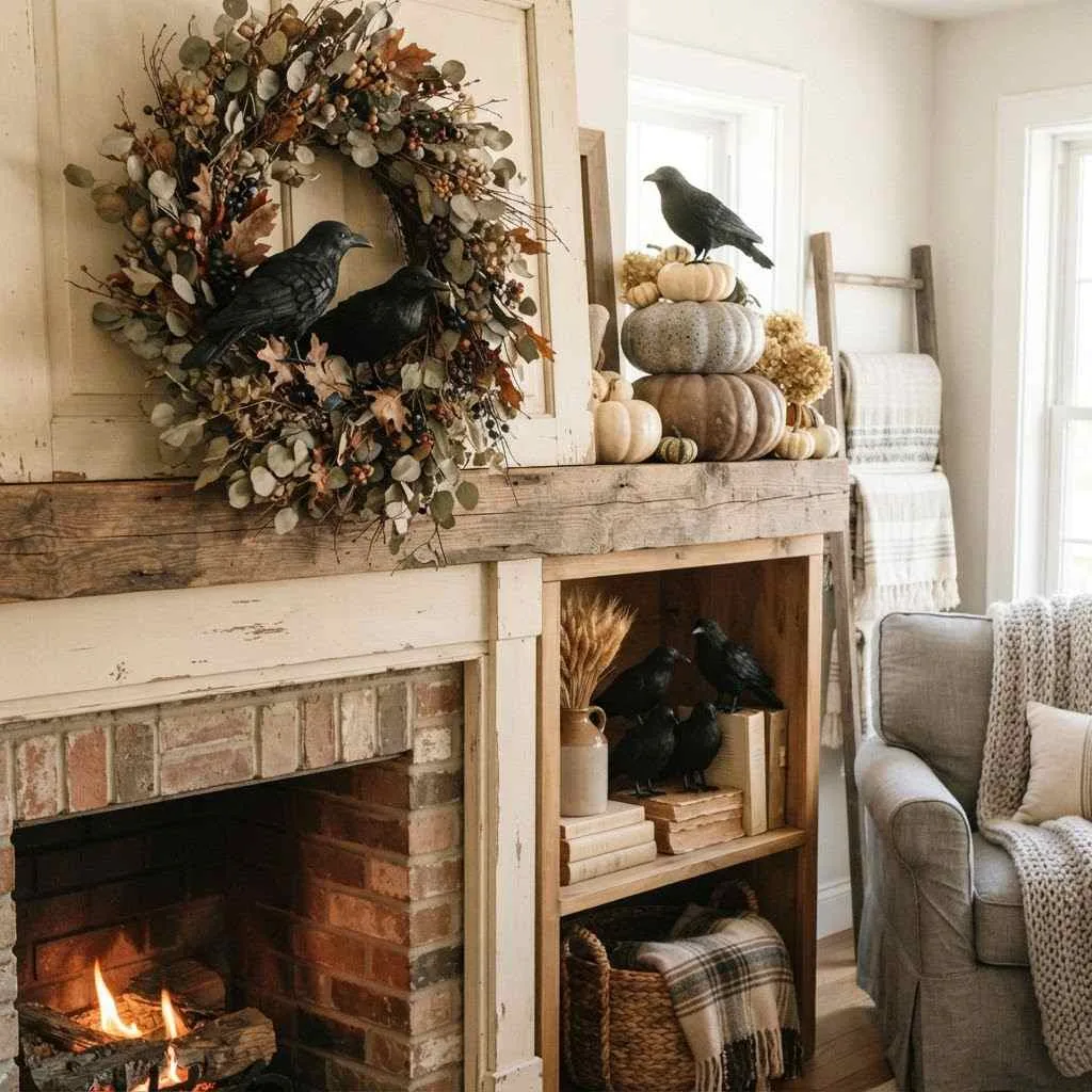 15 Farmhouse Halloween Decor Ideas That Bring Cozy Charm to Your Home 13 Black Crow and Raven Accents