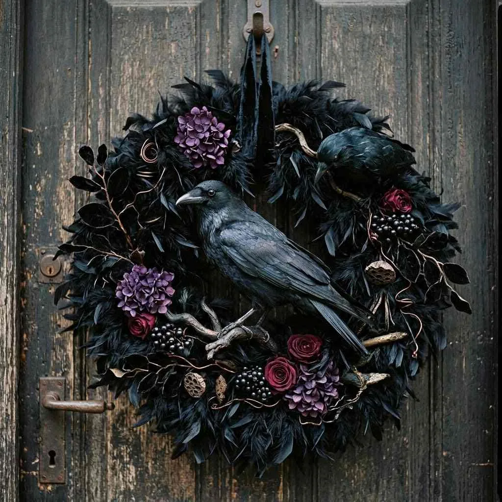 14 Halloween Wreath Ideas to Transform Your Front Door 9 8. Black Feather and Raven Wreath