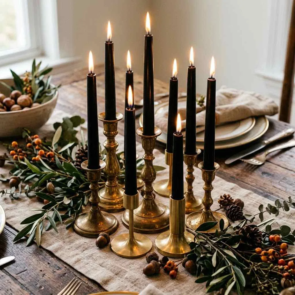 14 Halloween-Thanksgiving Table Decor Ideas You'll Absolutely Love 12 11. Black Taper Candles in Brass Holders