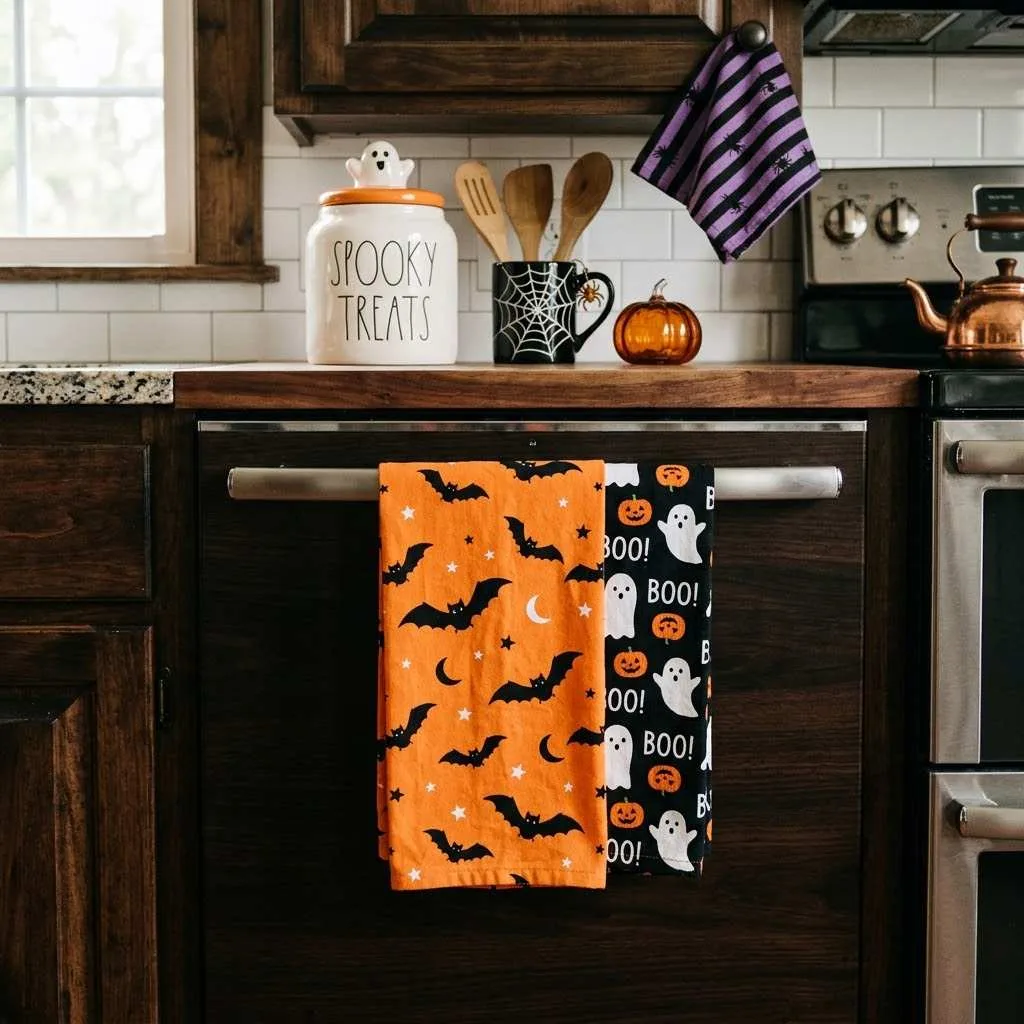 15 Halloween Kitchen Decor Ideas to Try This Year 3 2. Black and Orange Dish Towel Swap