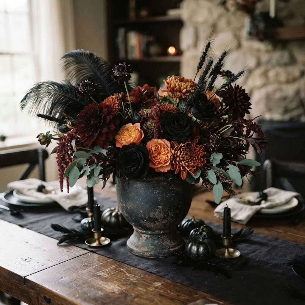 15 Spooktacular Halloween Table Centerpiece Ideas 8 Black and Orange Floral Arrangement