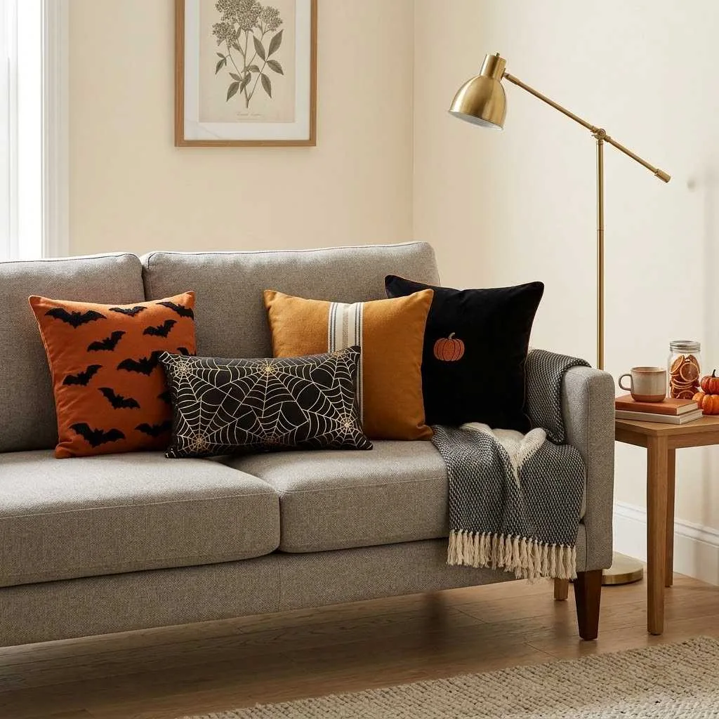 15 Halloween Living Room Decor Ideas 4 3. Black and Orange Throw Pillow Swap