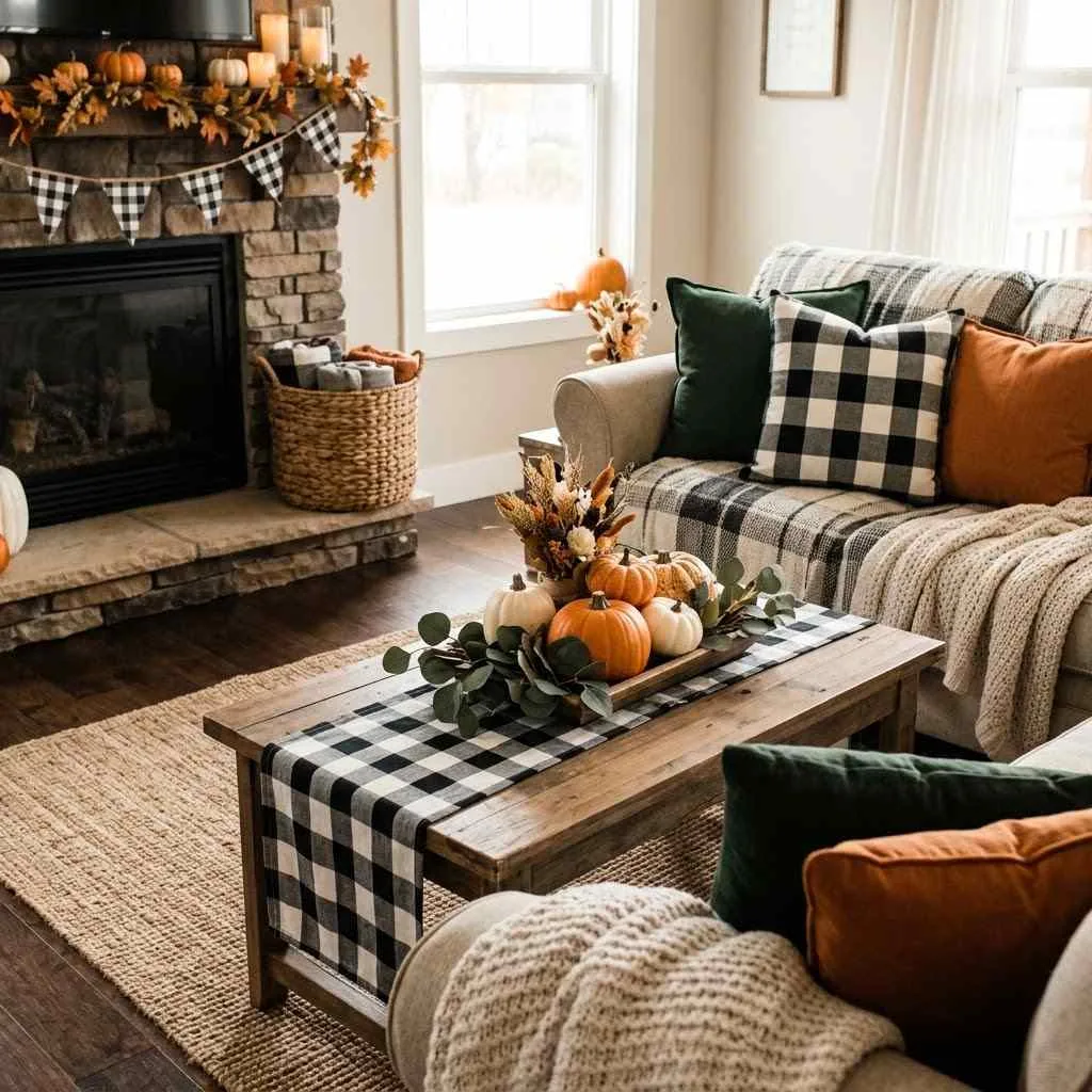 14 Farmhouse Fall Decor Ideas to Cozy Up Your Home This Season 12 11. Black-and-White Buffalo Check Accents