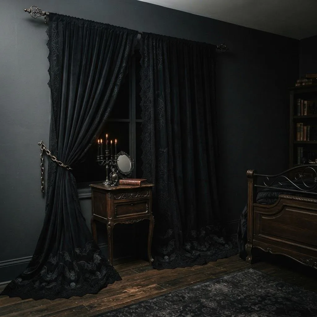 15 Spooky Bedroom Decor Ideas to Transform Your Space 9 8. Blackout Curtains with Gothic Trim