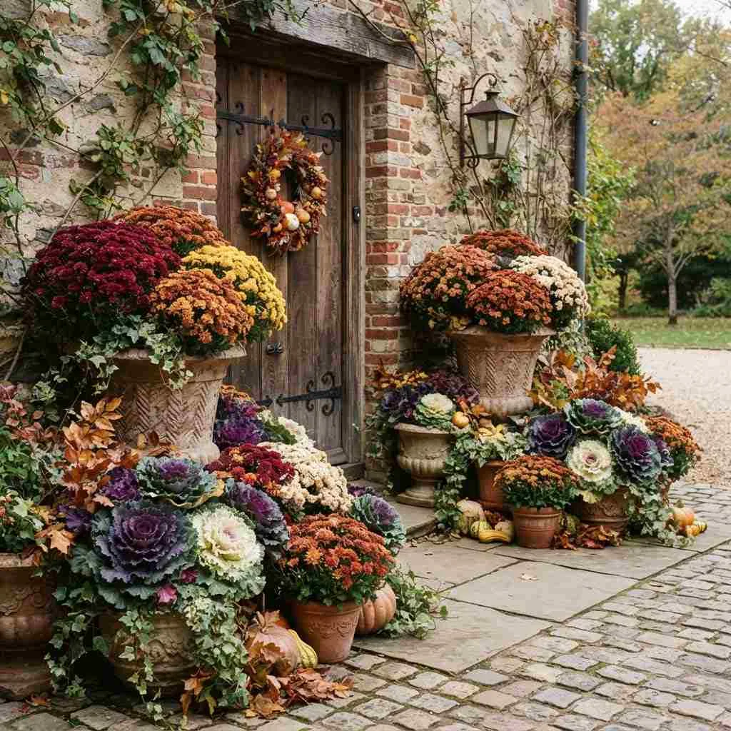 15 Fall Patio Decor Ideas That'll Make You Want to Stay Outside All Season 11 Bring In Mums and Ornamental Kale