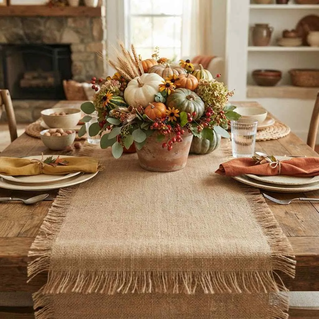 14 Rustic Fall Decor Ideas to Cozy Up Your Home This Season 4 Burlap Table Runner with Fringe