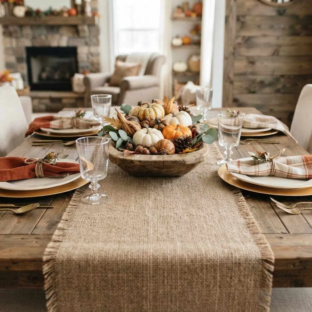 14 Farmhouse Fall Decor Ideas to Cozy Up Your Home This Season 9 8. Burlap and Jute Table Runners