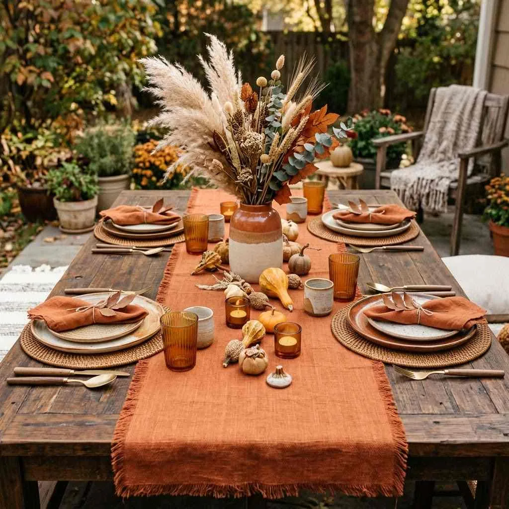 15 Beautiful Linen Table Runner Ideas to Transform Your Fall Table 4 Burnt Orange Boho Style