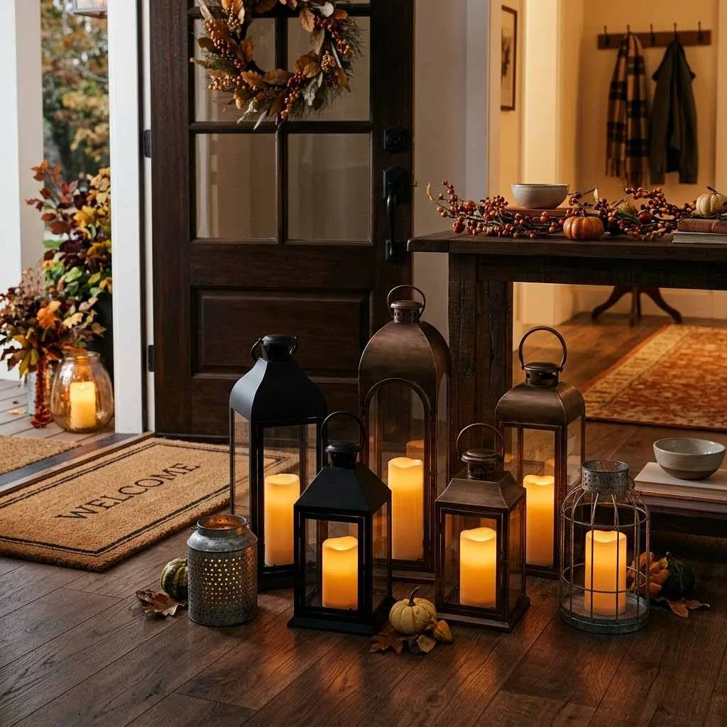 15 Fall Entryway Ideas to Warm Up Your Welcome 8 7. Candlelit Lantern Groupings